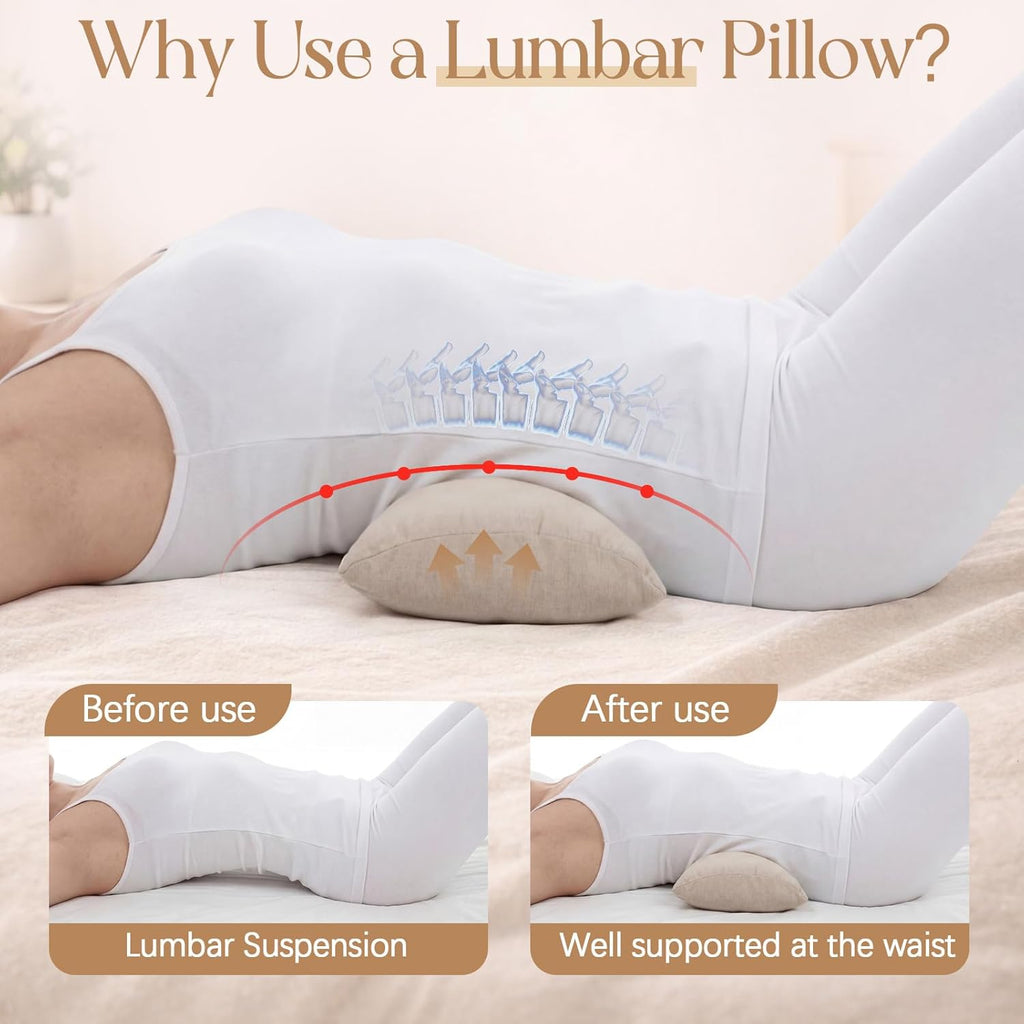 Buckwheat Lumbar Support Pillow for Bed Sleeping, Ergonomic Curved Neck Waist Pillow for Lower Back Pain Relief
