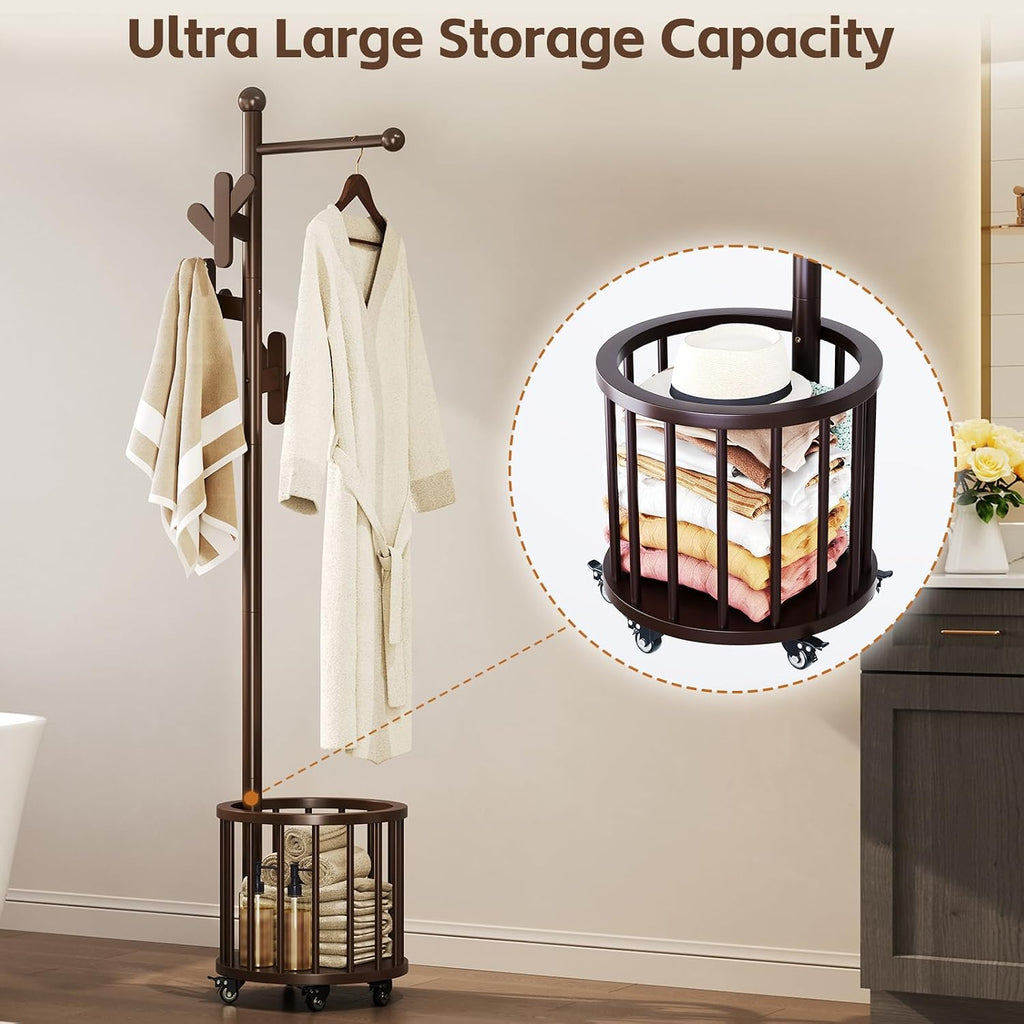Freestanding Wooden Coat Rack with Umbrella Holder,Dark Walnut Coat Rack with Hooks, Space-Saving Entryway Organizer