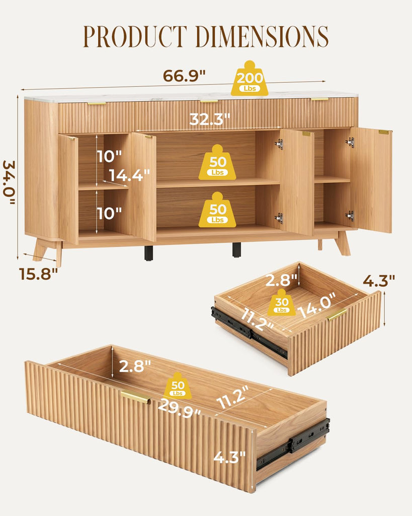 67" Large Sideboard Buffet Cabinet with Storages, Natural Oak