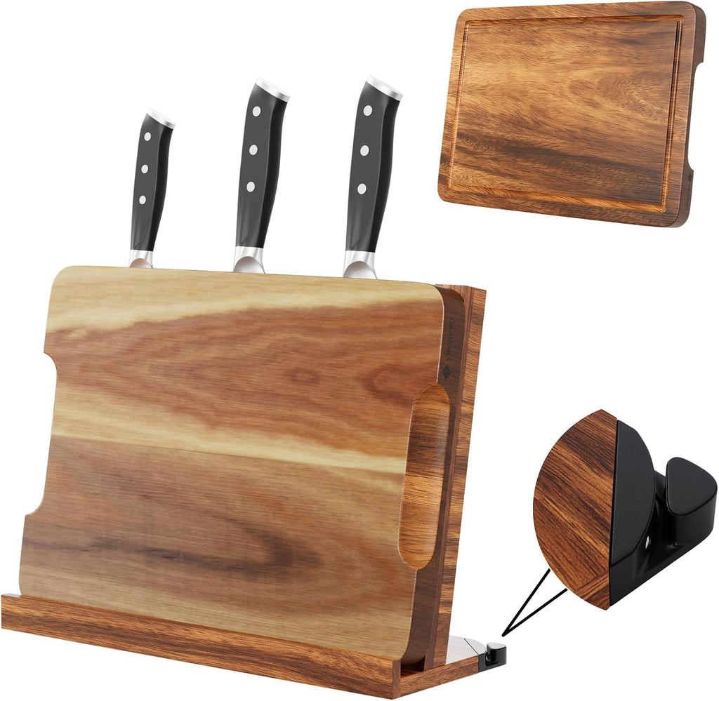 3 in 1 Magnetic Knife Block Stand, 14"x10" Cutting Board, Knife Sharpener - Wooden Magnetic Knife Holder - Acacia