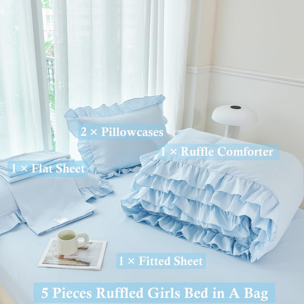5 Pieces Light Blue Full Bed in A Bag for Kids Girls Ruffle Bedding Sets Boho Comforter Set Vintage Farmhouse Bedding
