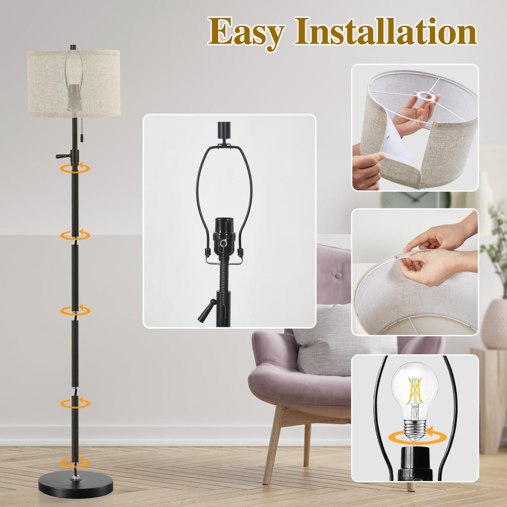 Black Floor Lamp, Height Adjustable Standing Lamp Tall Lamp with Fabric Lampshade&Pull Chain Corner Floor Lamps Bulbs