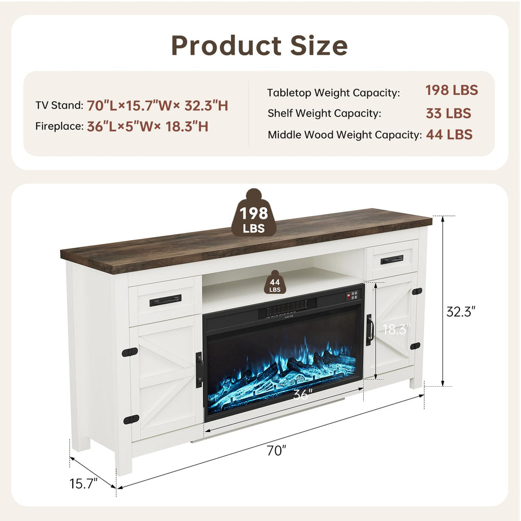 Farmhouse Fireplace TV Stand with Barn Door, 70 inch, White