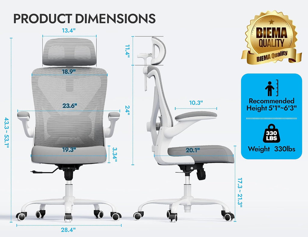 Ergonomic Office Chair: Mesh Desk Chair Comfy with Headrest& Lumbar Support | Big and Tall Office Chairs with Wheels