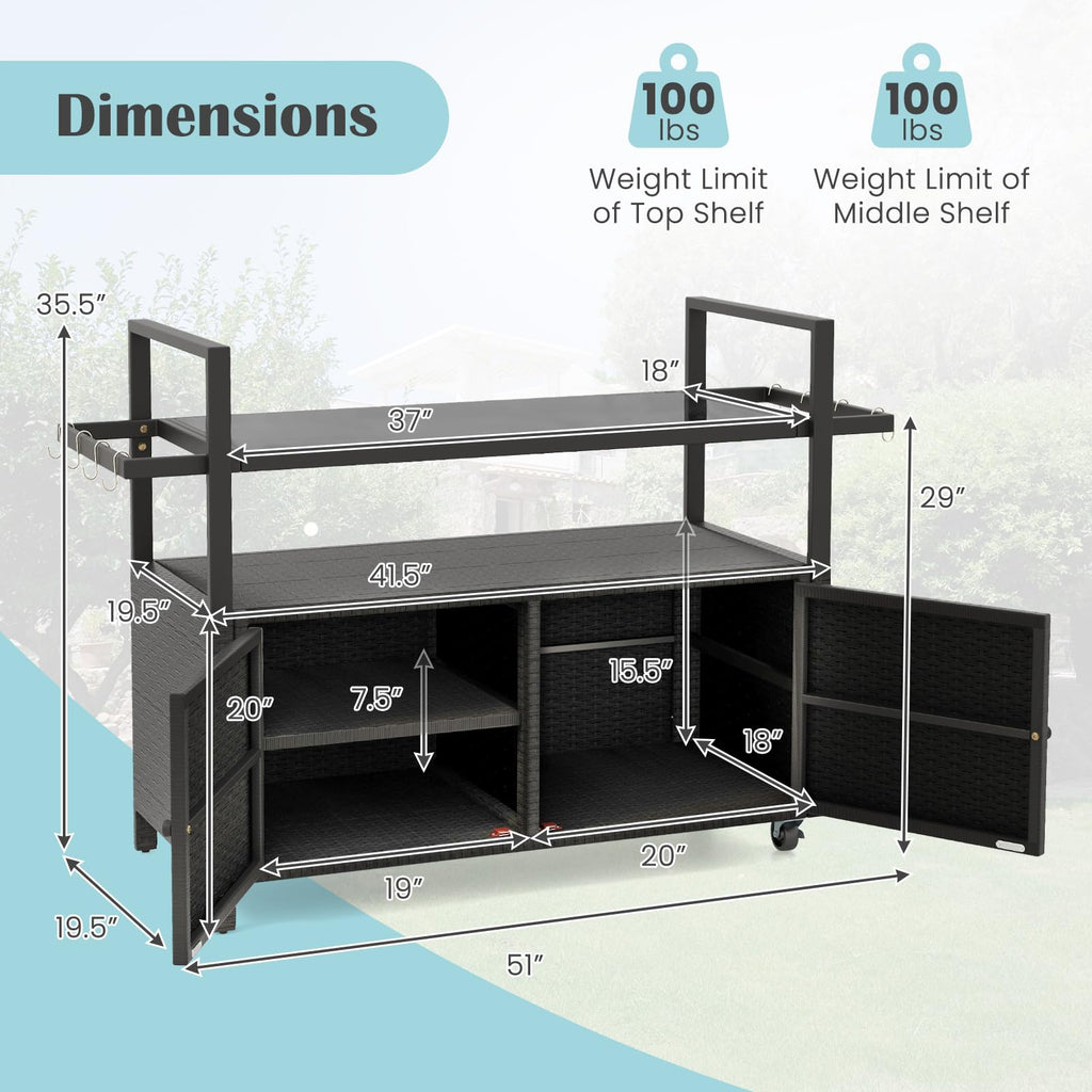 Wicker Rolling Outdoor Bar Cart with Tempered Glass Table, Black