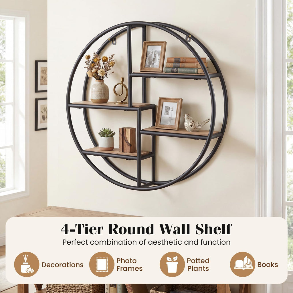Industrial Style Round Wall Shelf with 4-Tier Storage Shelves