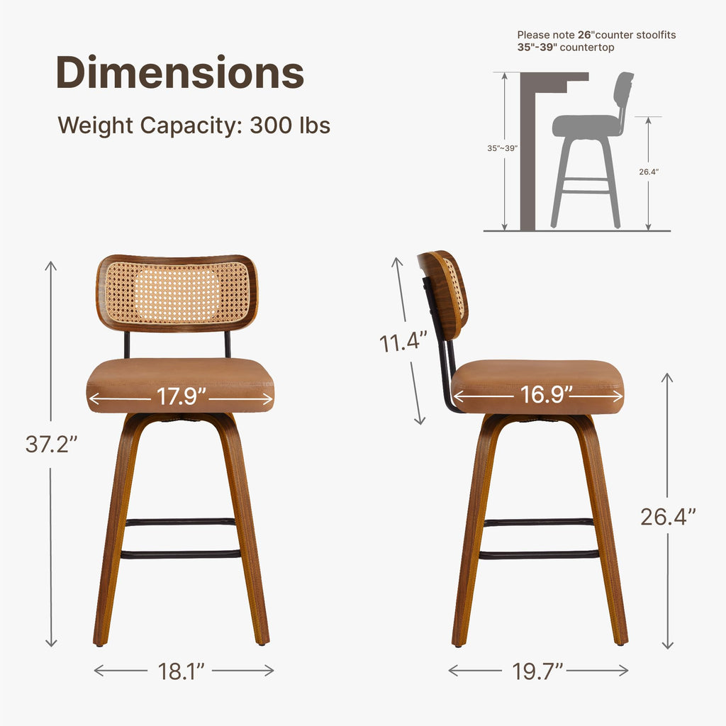 Swivel Bar Stools Set of 2, 26" Counter Height with Rattan Back, Brown