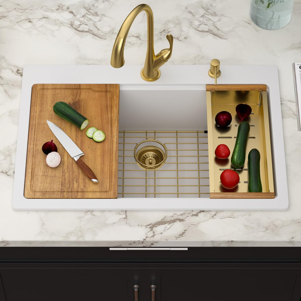 33x22 White Drop In Granite Composite Kitchen Sink with Luxury Accessories