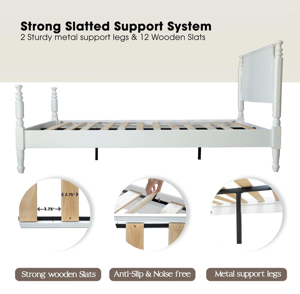 Solid Wood Queen Size Platform Frame, Headboard & Footboard, No Box Spring Needed, 12 Wooden Slats, Center Metal
