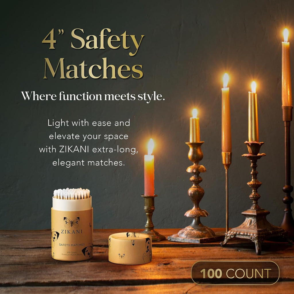 4-Inch Fancy Decorative Matches + Striker Pad () Green Tip Wood Safety Matches for Candles, Bathroom & More - Set of 100