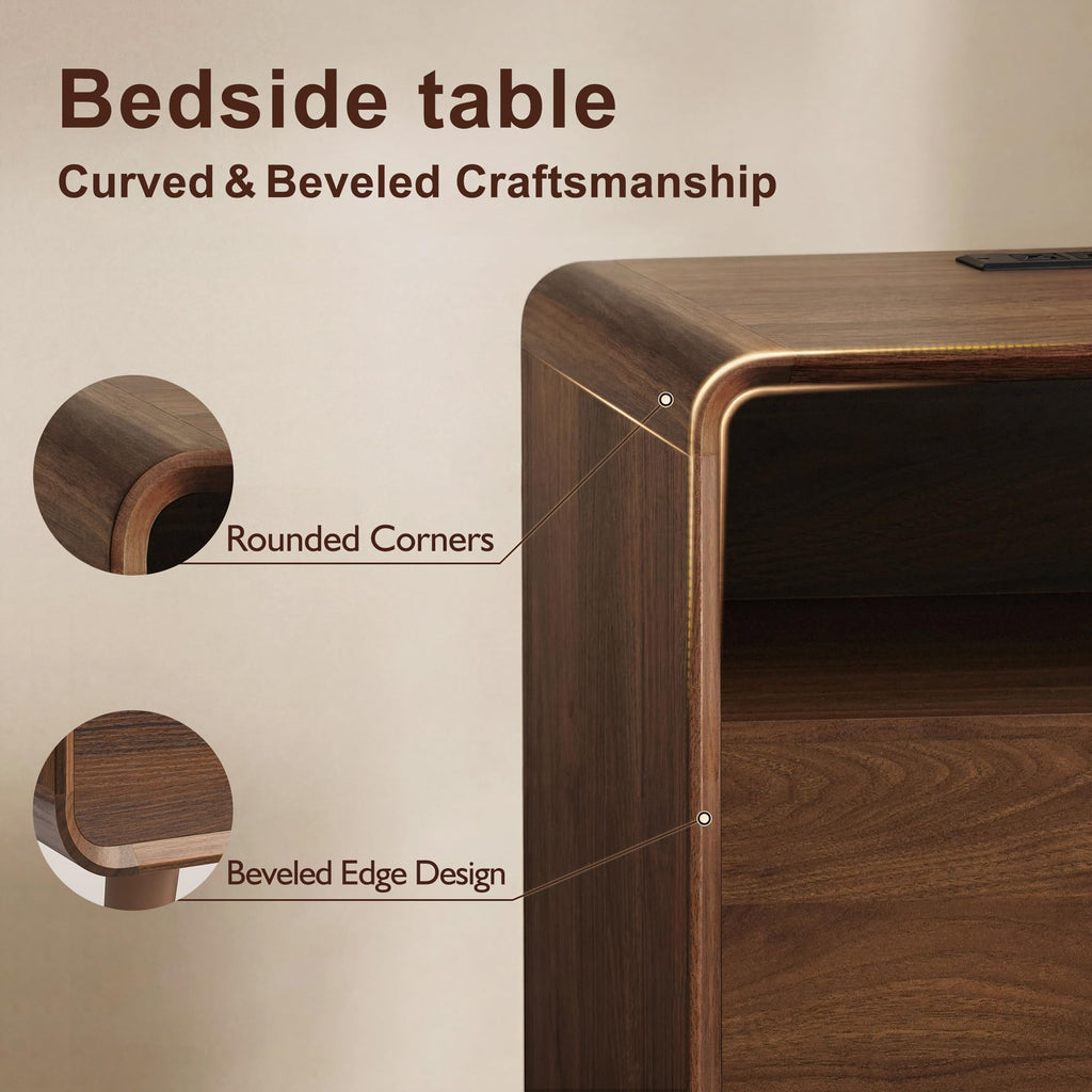 Night Stand with Charging Station, 23.7'' Wide Side Table Bedroom Nightstand with Drawers, Mid Century Modern Bedside