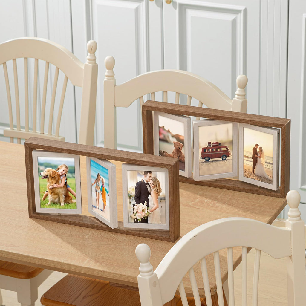 2 Pack 4x6 Rotating Picture Frame, Double-sided Display 6 Photos Rustic Wood Hinged Folding Triple Collage Photo