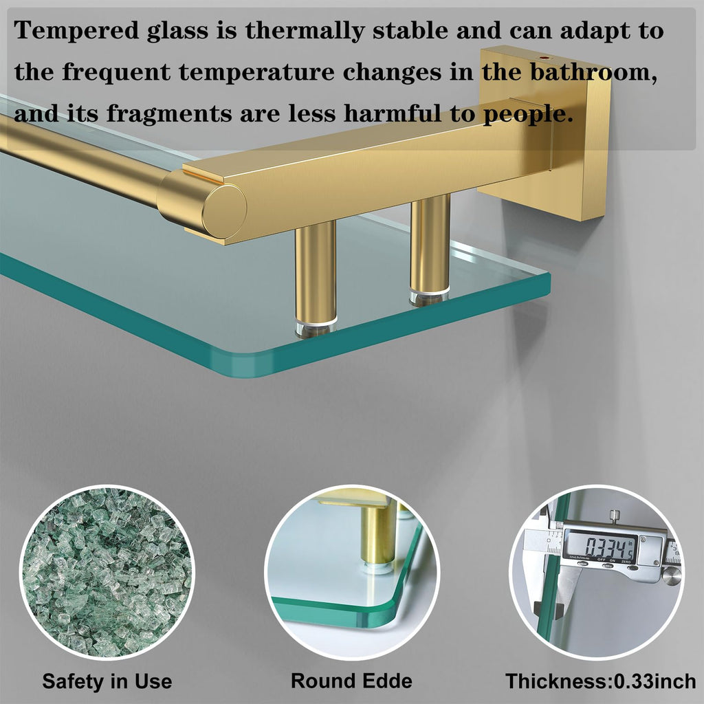 Glass Shelf, 20 Inch Tempered Glass with Brushed Gold Stainless Steel Railing, Floating Glass Shelves Sink Over