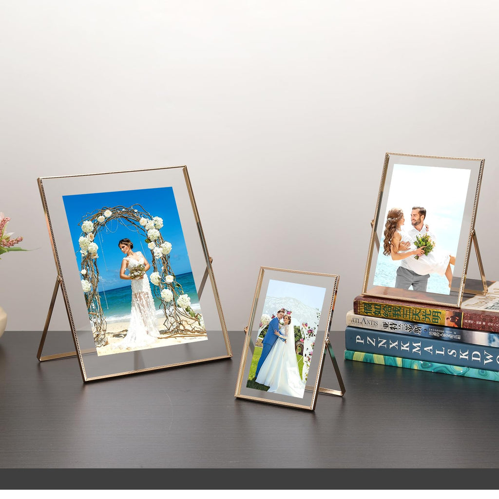 Gold 8x10'' Floating Frame Set of 2, For Photo Sizes( 5x7'', 6x8'', 7x9''), Beautiful Metal Beaded Edge Frames Adjustable