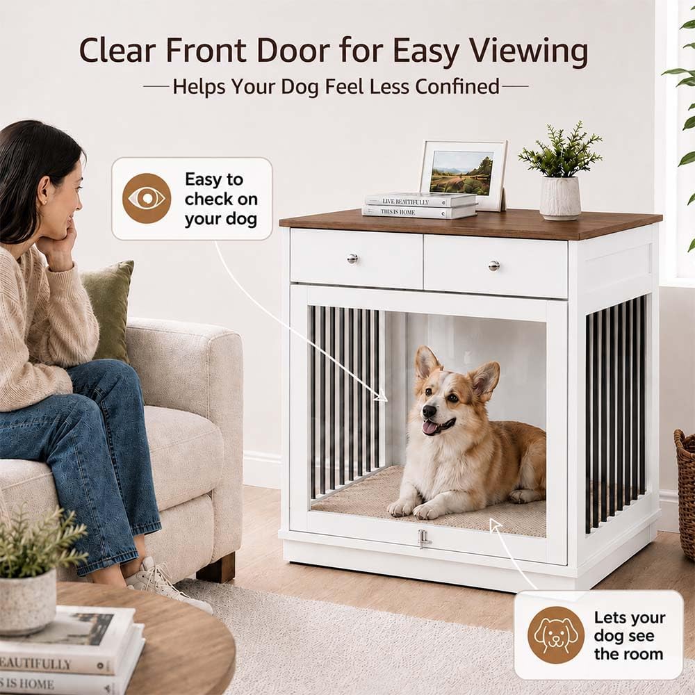 31" Dog Crate Furniture with Acrylic Lift-Up Door for Medium Dogs
