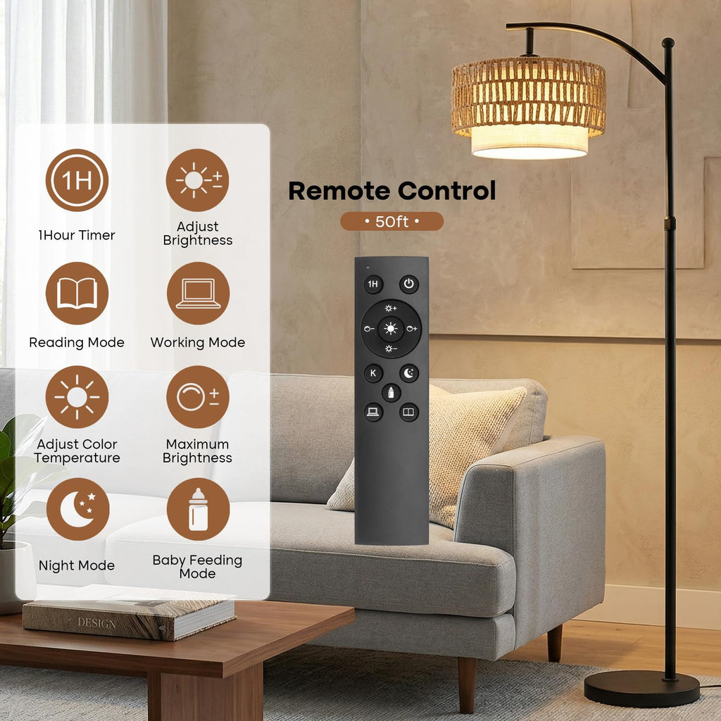 Arc Floor Lamp with Remote, 57.5"-67" Height Adjust Dimmable Bulb Floor Lamps with 3 Color Temps, Boho Standing Lamp