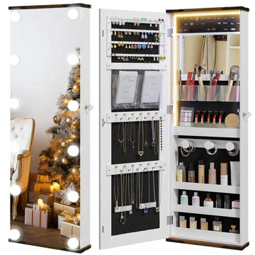 Over the Door Jewelry Cabinet with Mirror, 12 Hollywood Bulbs, Lock