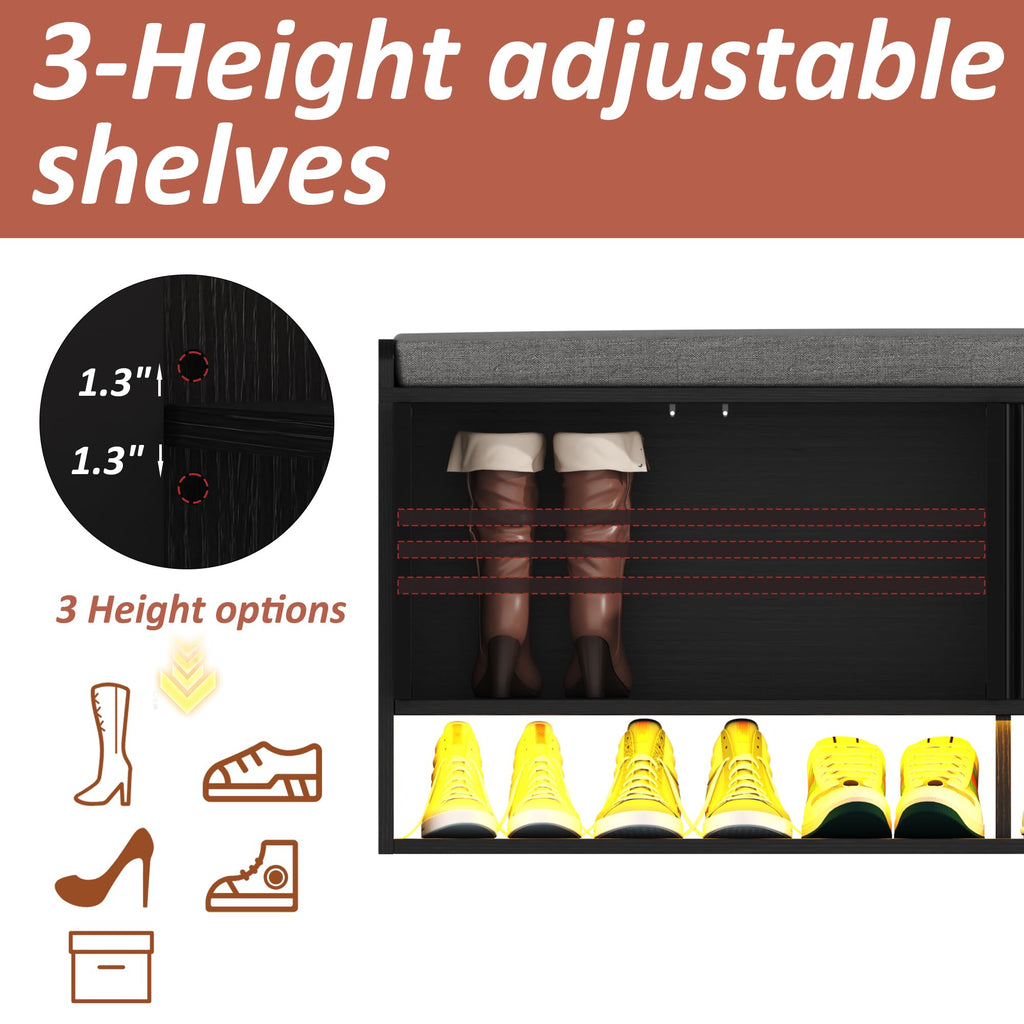 47.2" Fluted Shoe Storage Bench, Entryway Bench with Linen Seat Cushion, Shoe Cabinet Bench with Adjustable Shelf and
