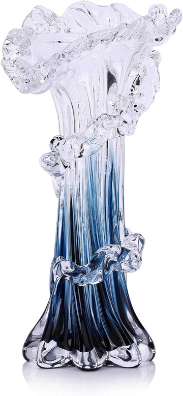 Hand Blown Blue Glass Vase, Unique Art Beautiful Ocean Glass Vase for Coastal Home Decor, Coffee Table, Living Room