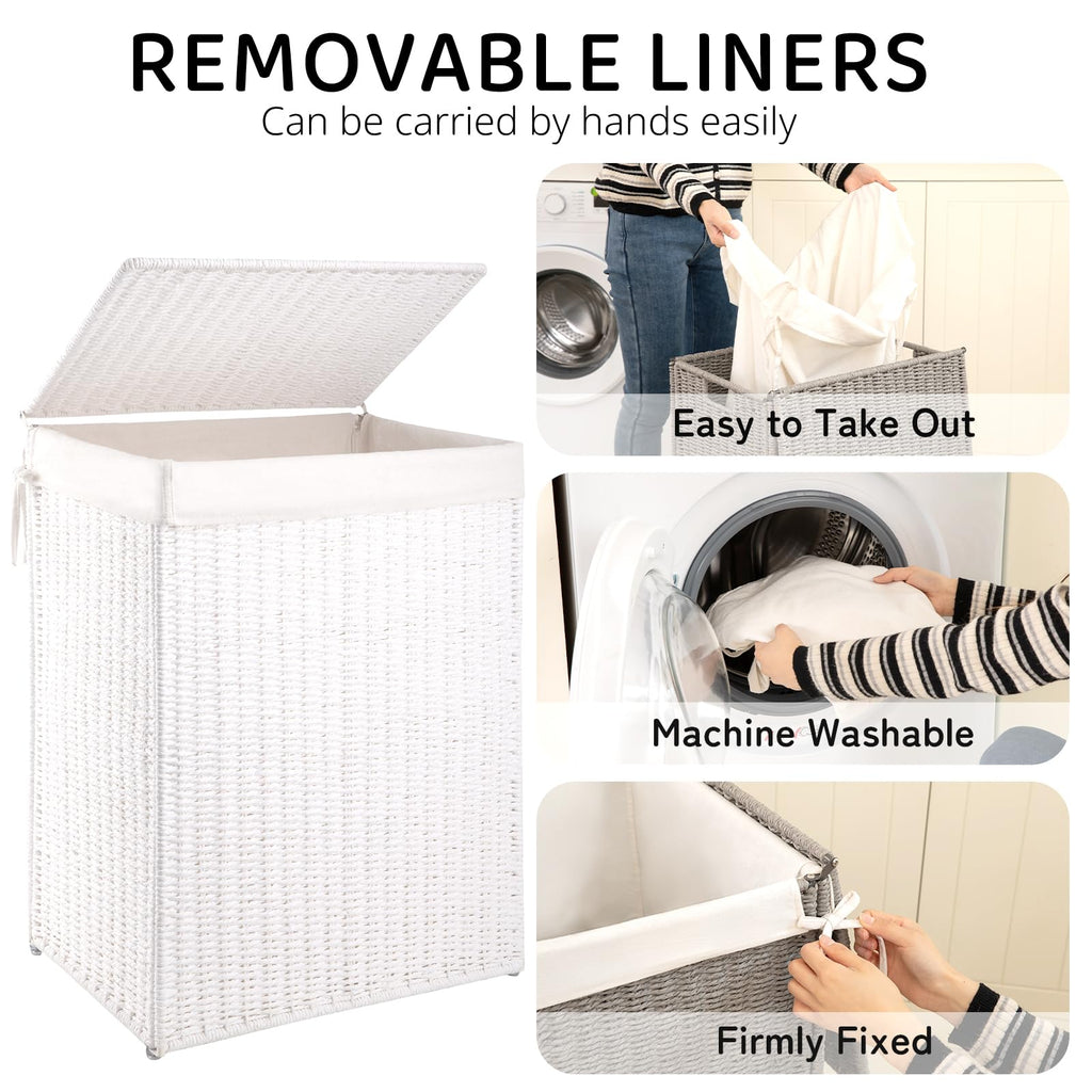 Laundry Hamper with Lid, 90L(23.8 Gal) Large Wicker Laundry Basket, Handwoven Paper Rope Clothes Hamper with