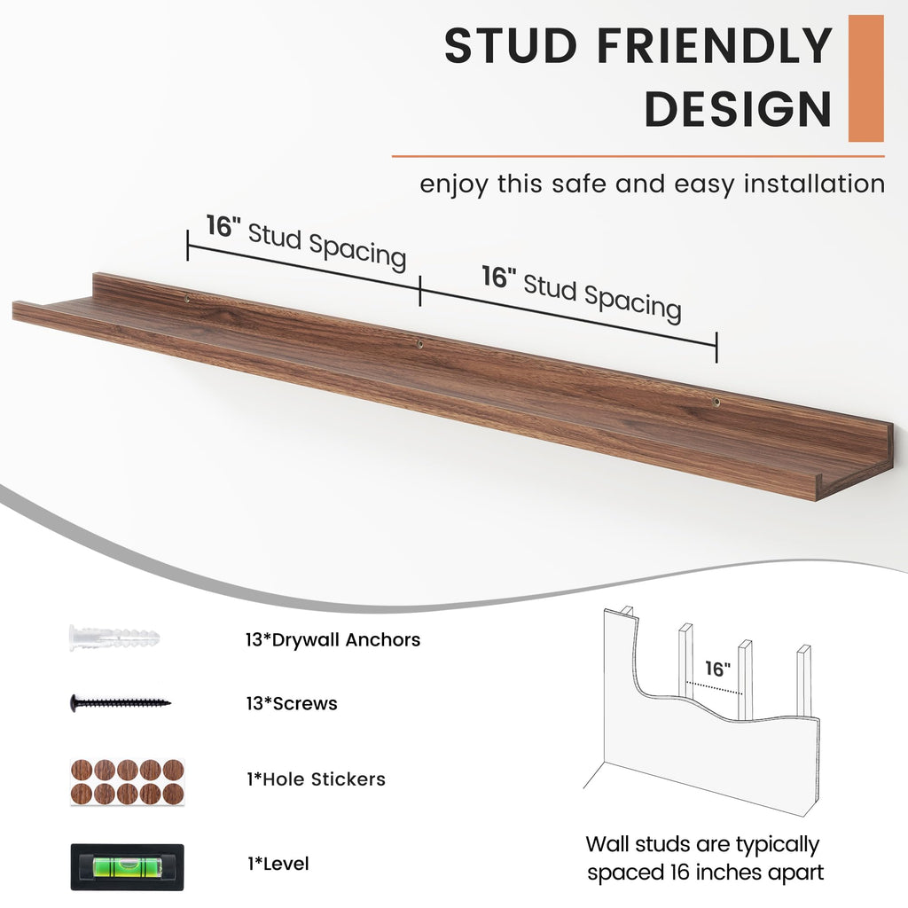 Floating Picture Ledge Shelves for Wall Set of 4, 48" W, Walnut