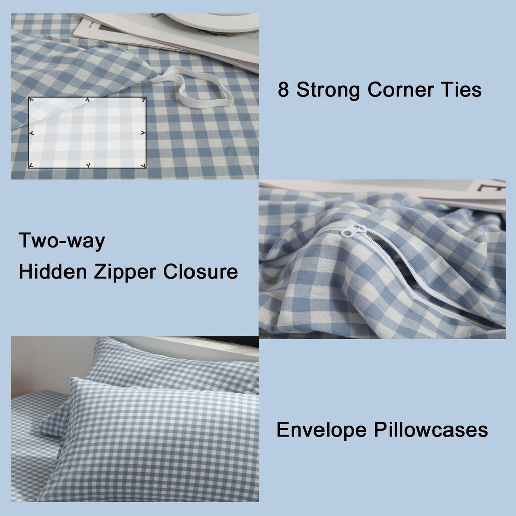 Blue Gingham Duvet Cover Set, 100% Washed Cotton Linen Like
