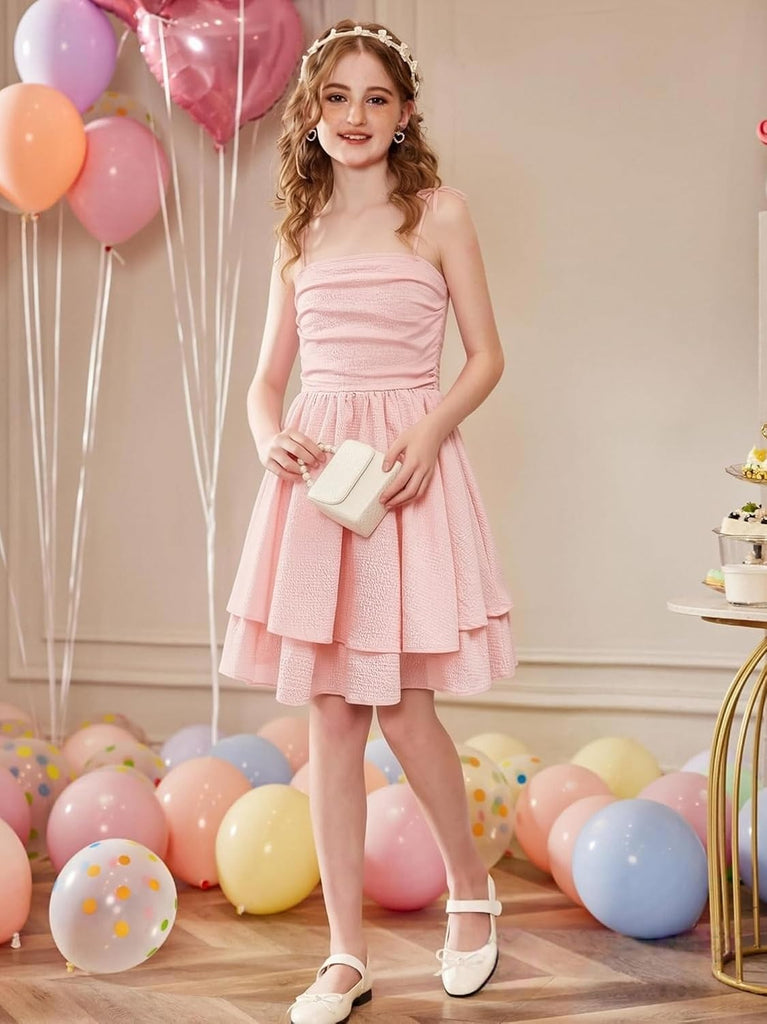 Girls Spaghetti Straps Smocked Ruched A Line Swing Dress Flowy Double Layered Tween Girl Party Dresses