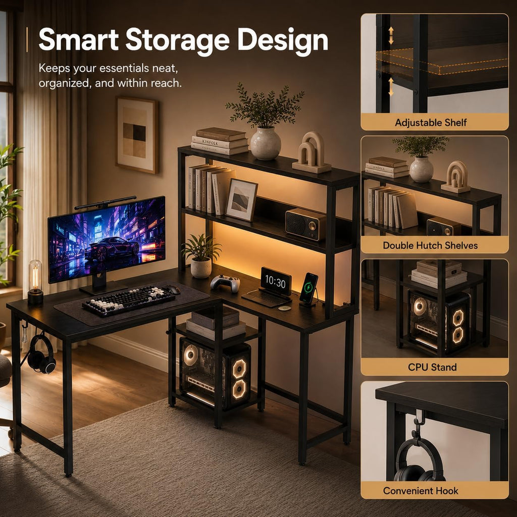 L Shaped Desk Gaming Desk with LED Light & Power Outlet, 43 Inch Reversible Computer Table with Shelf & Storage