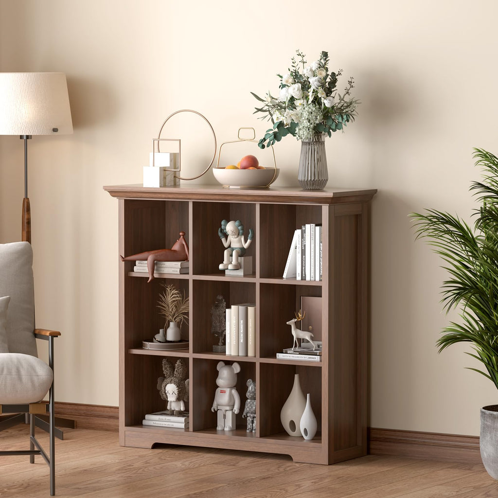 9-Cube Open Bookcase with Base, 3-Tier Wooden Bookshelf, Walnut
