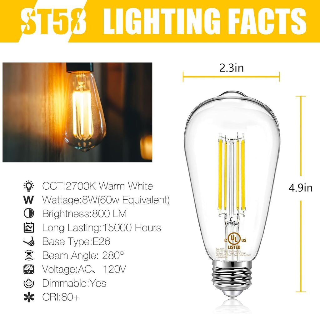 12 Pack Vintage LED Edison Bulbs, E26 Dimmable LED Bulb, 60 watt Equivalent, ST58 Antique Filament Light Bulbs with