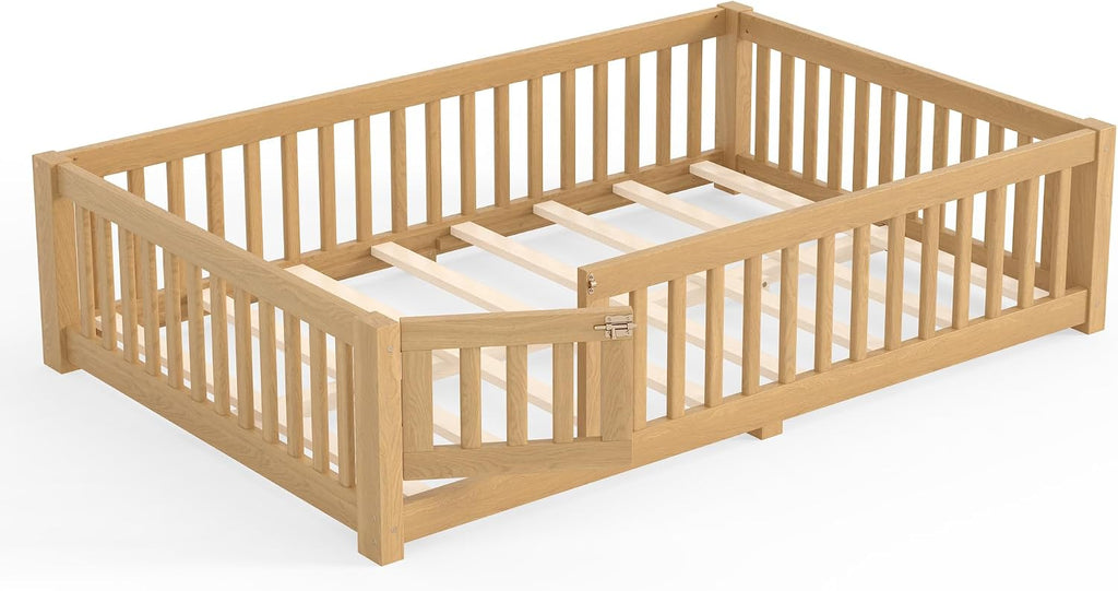 Floor Bed with Rails for Kids, Girls, Boys, Pine, Plywood Floor Bed with slats and Door, Natural