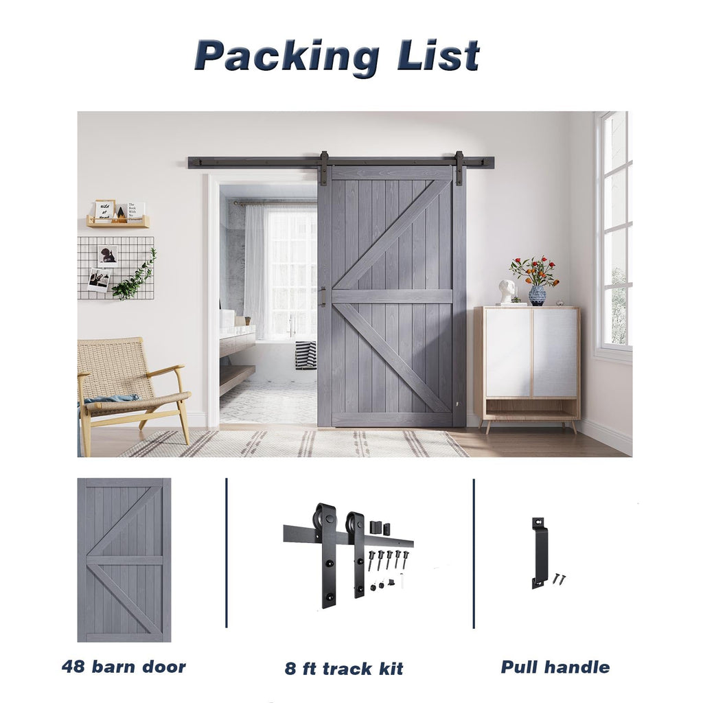 Barn Door 48 x 84 Grey Wood Door, Fit 44"-46" Opening, K Shape