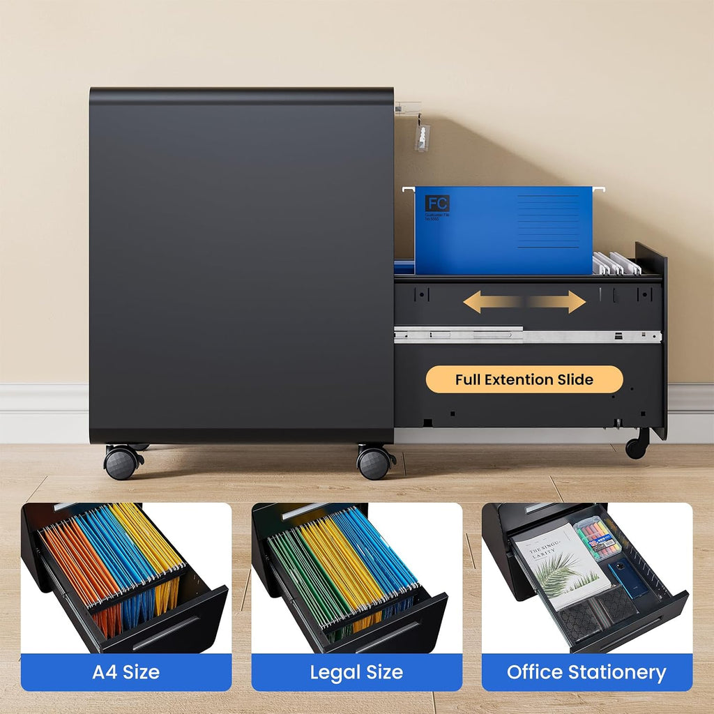 Mobile Filing Cabinet 3 Drawer, Rolling Small File Cabinet with Keys Under Desk, Modern Black Filing Cabinets with