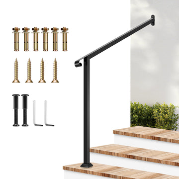 3-Step Stair Handrail 40"x39" Wrought Iron with 1 Curved End Black