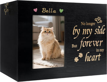 Pet Urns for Cats or Dogs Ashes with Photo Frame, Wooden Memory Box for Keepsakes with Black Flannel as Lining, Cat