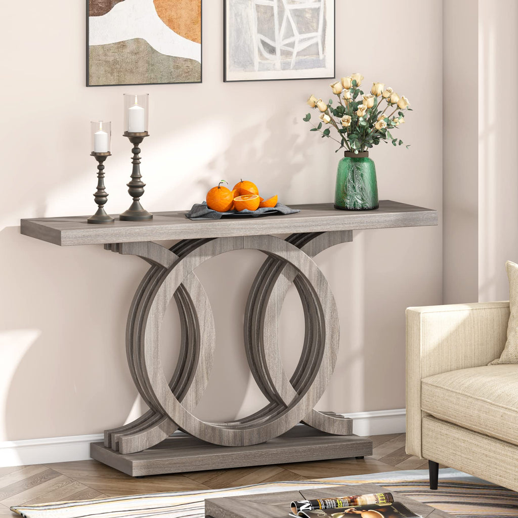 55 inches Console Table with Geometric Base, Farmhouse Hallway Table, Wooden Entryway Sofa Table, Unique Long Accent