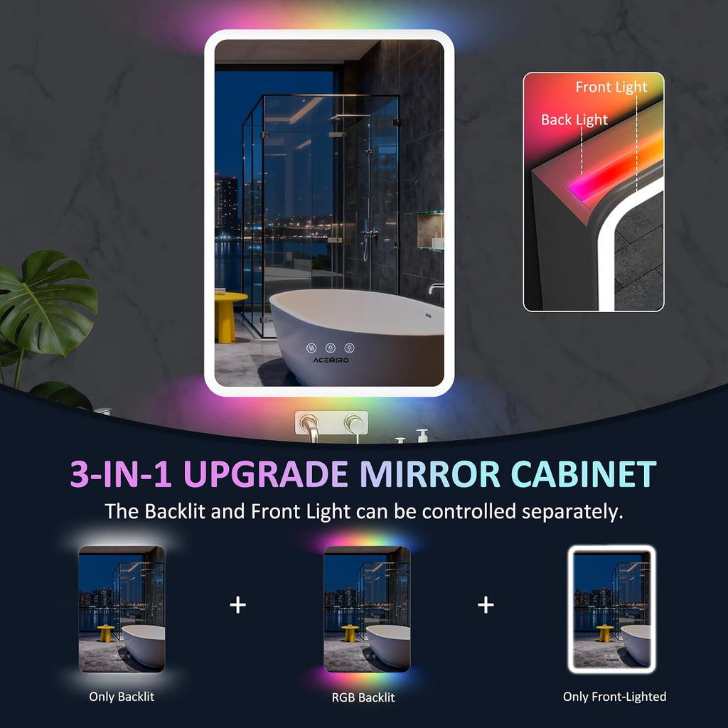 20×32 Inch Lighted Medicine Cabinet with Mirror, LED Medicine Cabinet with RGB Lights, Multicolor Backlit Mirror with