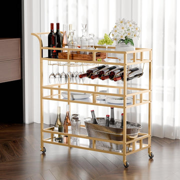 Gold Bar Carts with 3 Tier Mirror Shelves, Home Bar Cart with Wine Rack and Glass Holder, Perfect for Indoor and