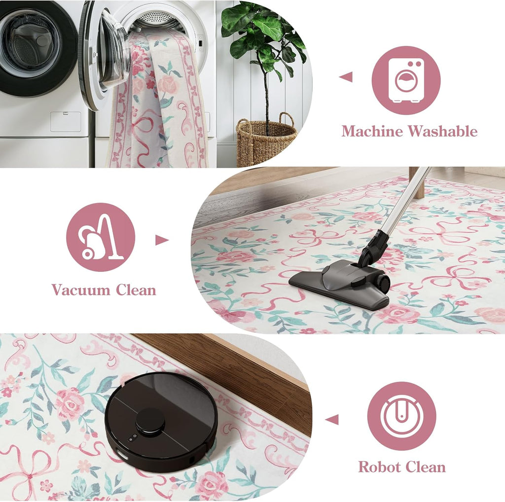 4ft Pink Floral and Bow Washable Round Rug for Girls Bedroom