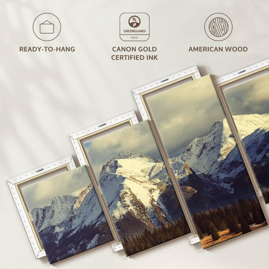 Rocky Mountains Wall Art Multi Piece Canvas - 5 Panel Nature Wall Decor - Snowy Scenery of the Pine Forest and