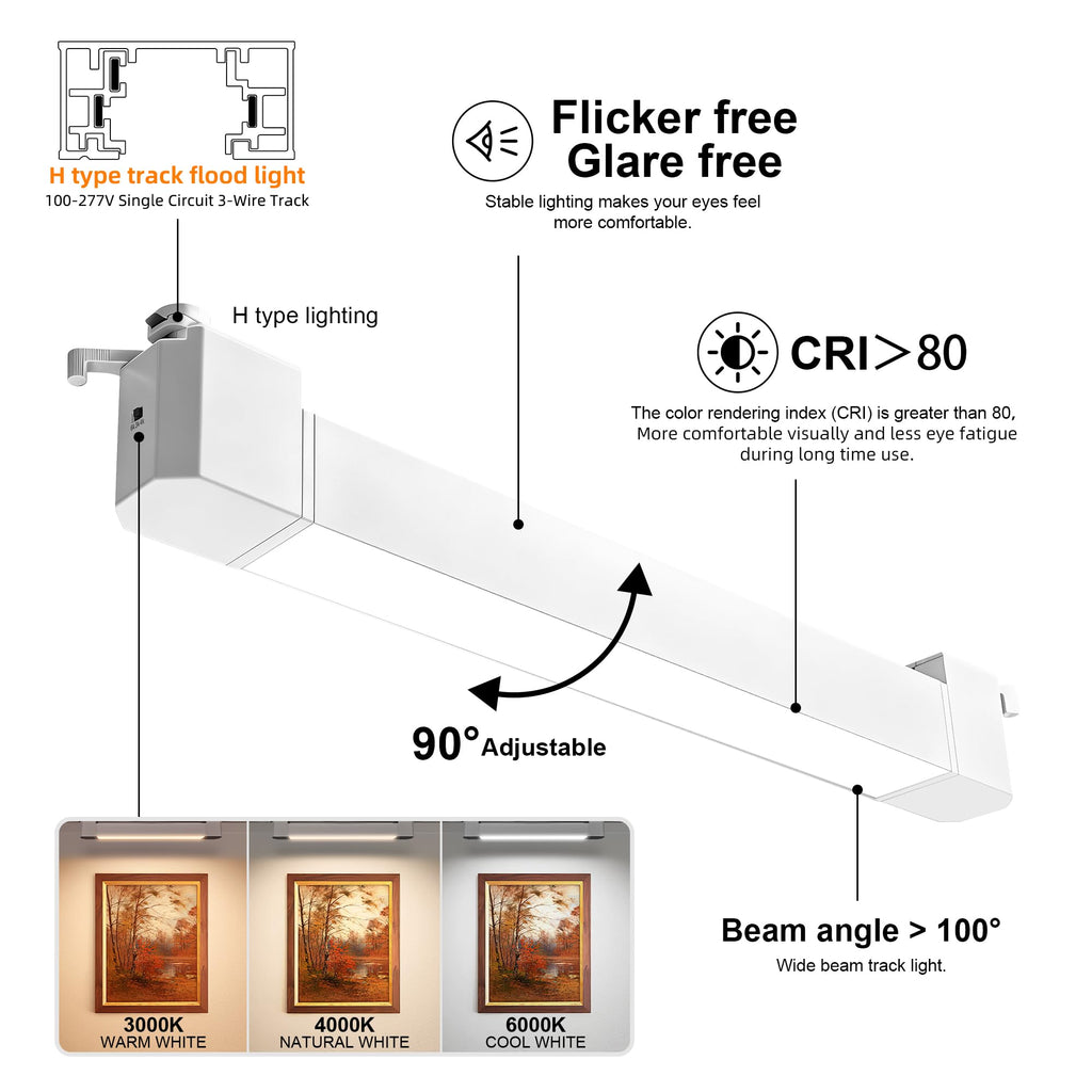 Linear LED Flood Track Heads, H-Type 3-Wire Fit, 3 CCT 3000K/4000K/6000K, Flicker-Free Anti-Glare Track Lights s