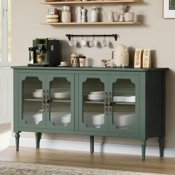 58" Sideboard Buffet Cabinet with Storage, Sideboard Cabinet, Green | Mid Century Storage Cabinet with Shelves and 4