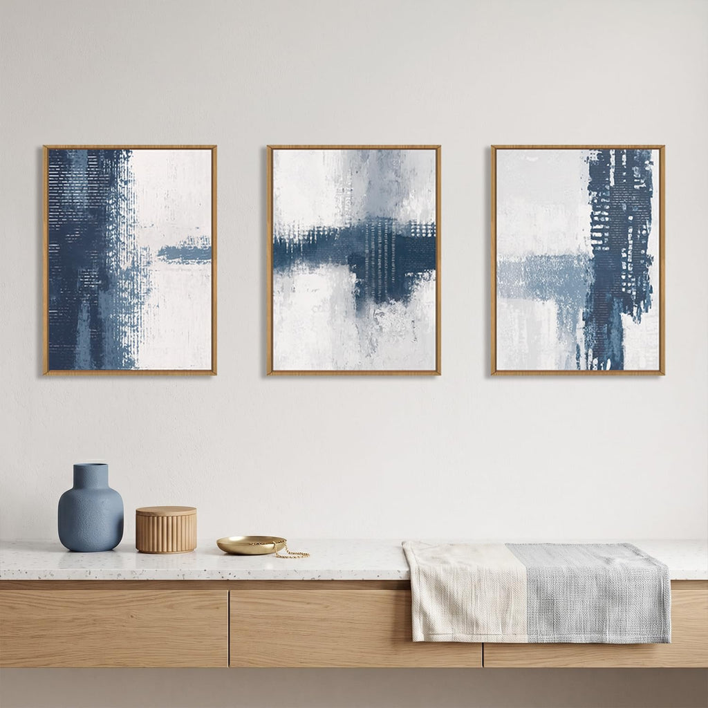 Abstract Navy Blue Grey Framed Canvas Wall Art Set, Modern Minimalist Wall Decor, Neutral Brush Stroke Artwork
