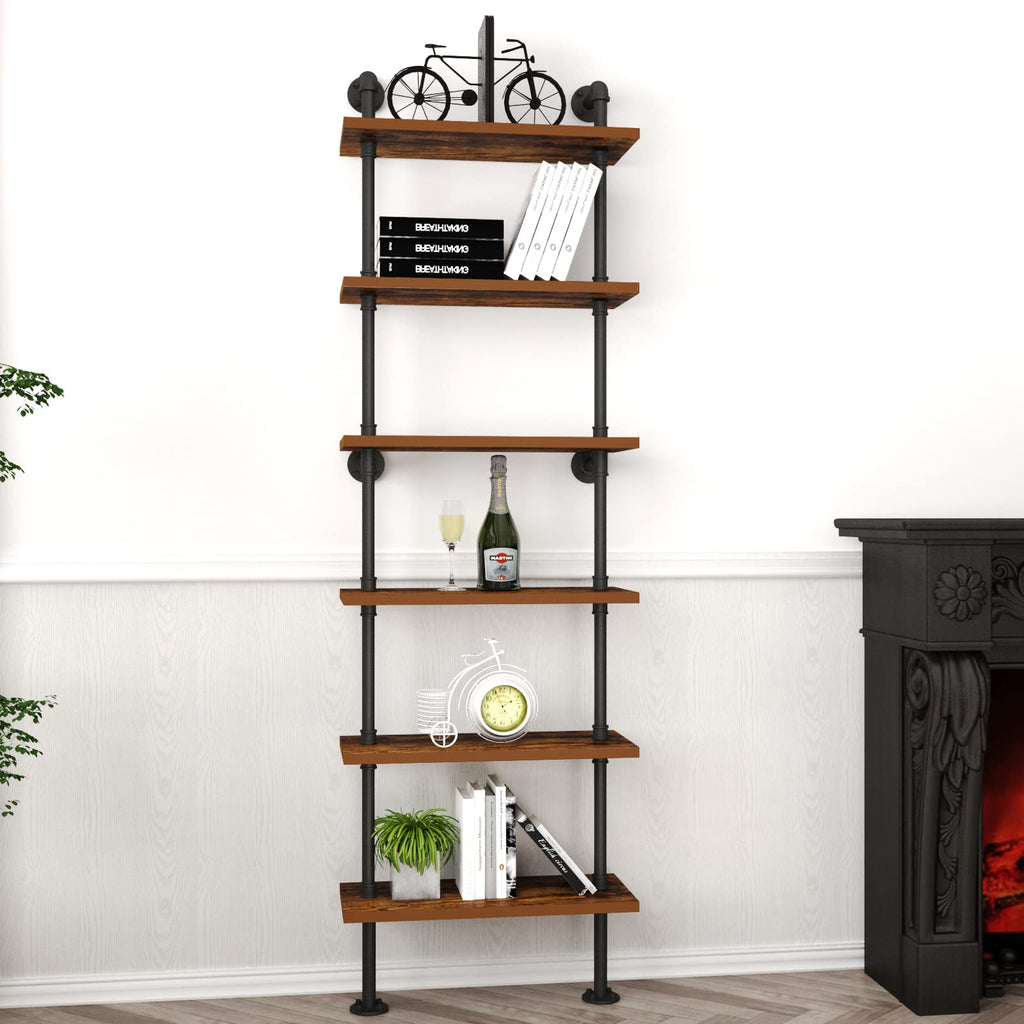 Industrial Pipe Shelf Rustic Wood Wall Shelf Ladder Bookshelf Wall Mounted Storage Decor Shelf (6-Tier)-Black