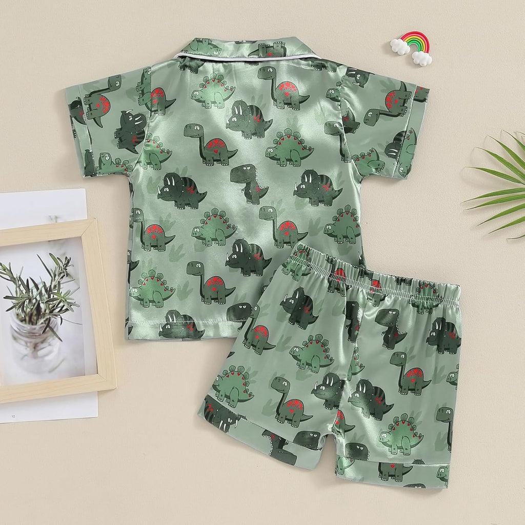 Kids Summer Satin Pajamas Sets Toddler Boys Dinosaur Pjs Short Sleeve Silk Nightwear Two Piece Sleepwear Loungewear