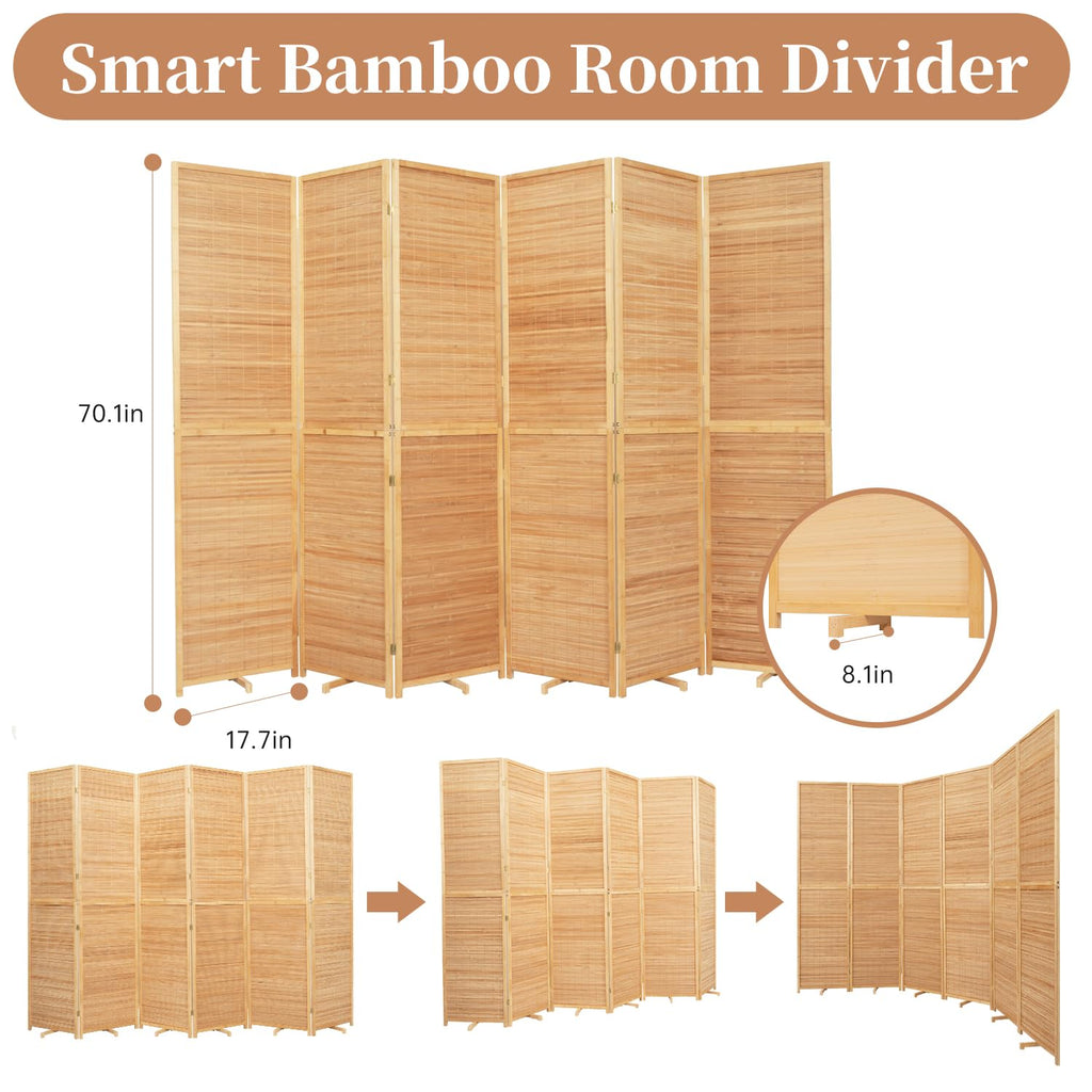 Room Divider Folding Privacy Screens, Hand-Made Natural Bamboo Room Dividers