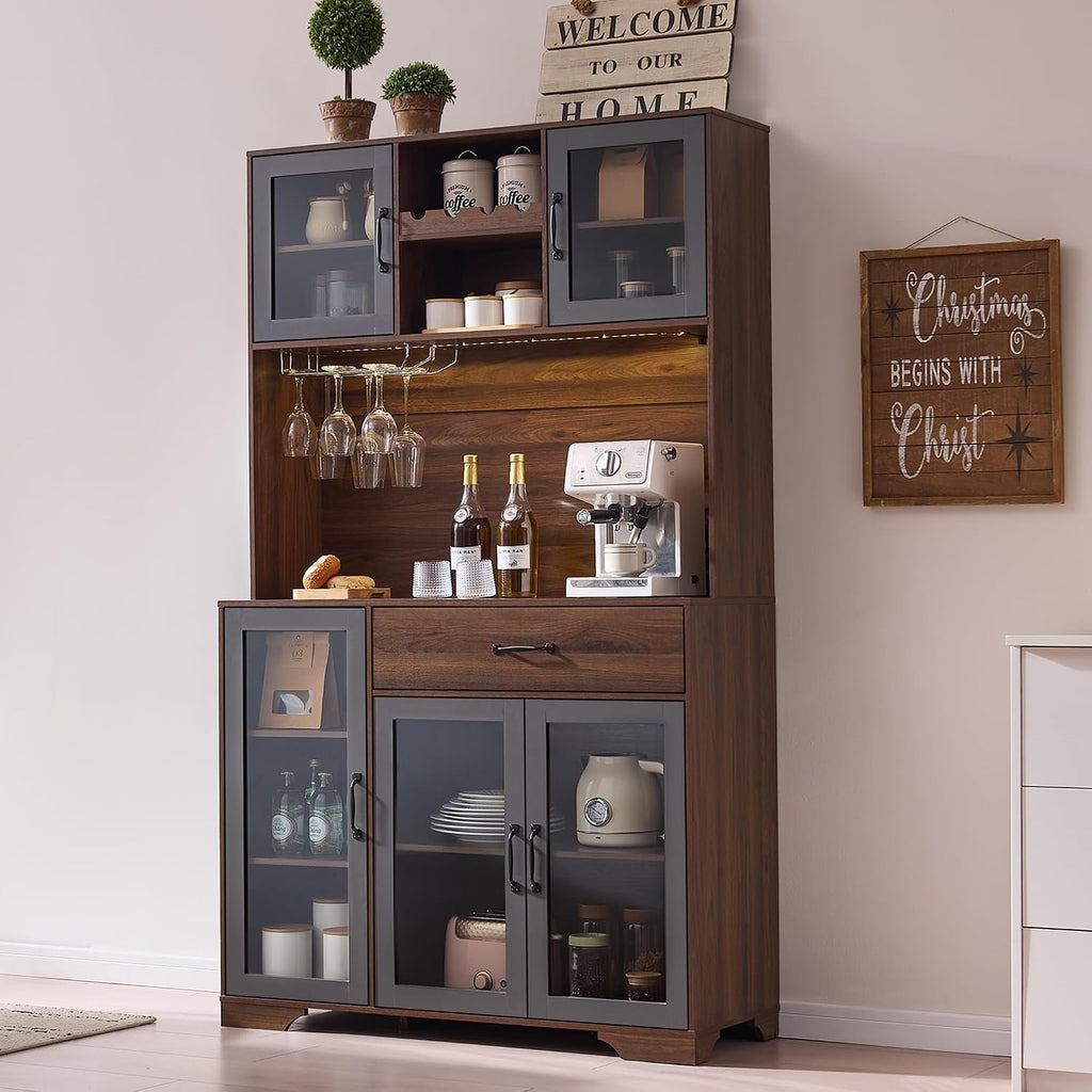71" Tall Pantry Cabinet with Glass Doors, Kitchen Hutch Storage Cabinet, Coffee Bar & Liquor Cabinet with Charging