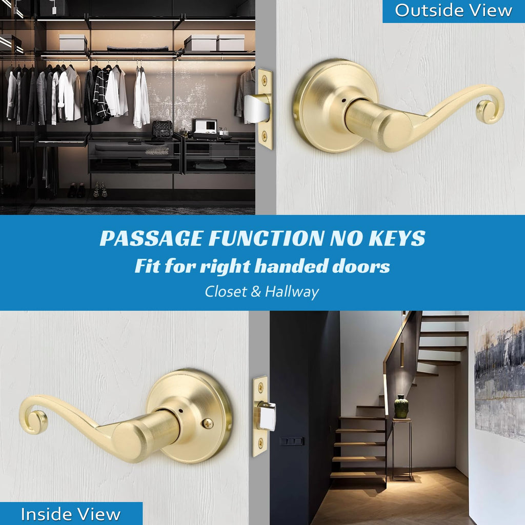 5 Pack Gold Satin Brass Door Handles, Wave Handle, Brushed Brass