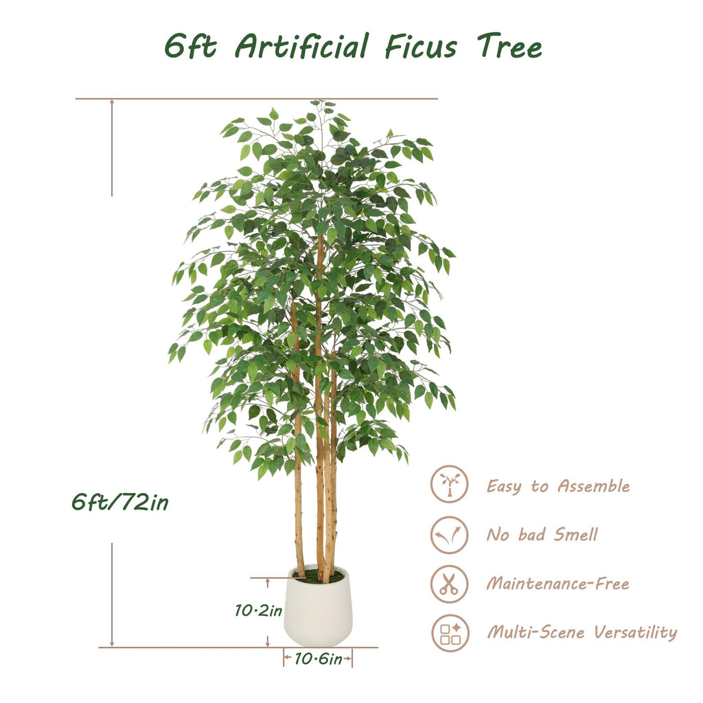 6ft Artificial Ficus Tree with White Decorative Planter & Multiple Real Wood Trunks, 72in Fake Ficus Tree with