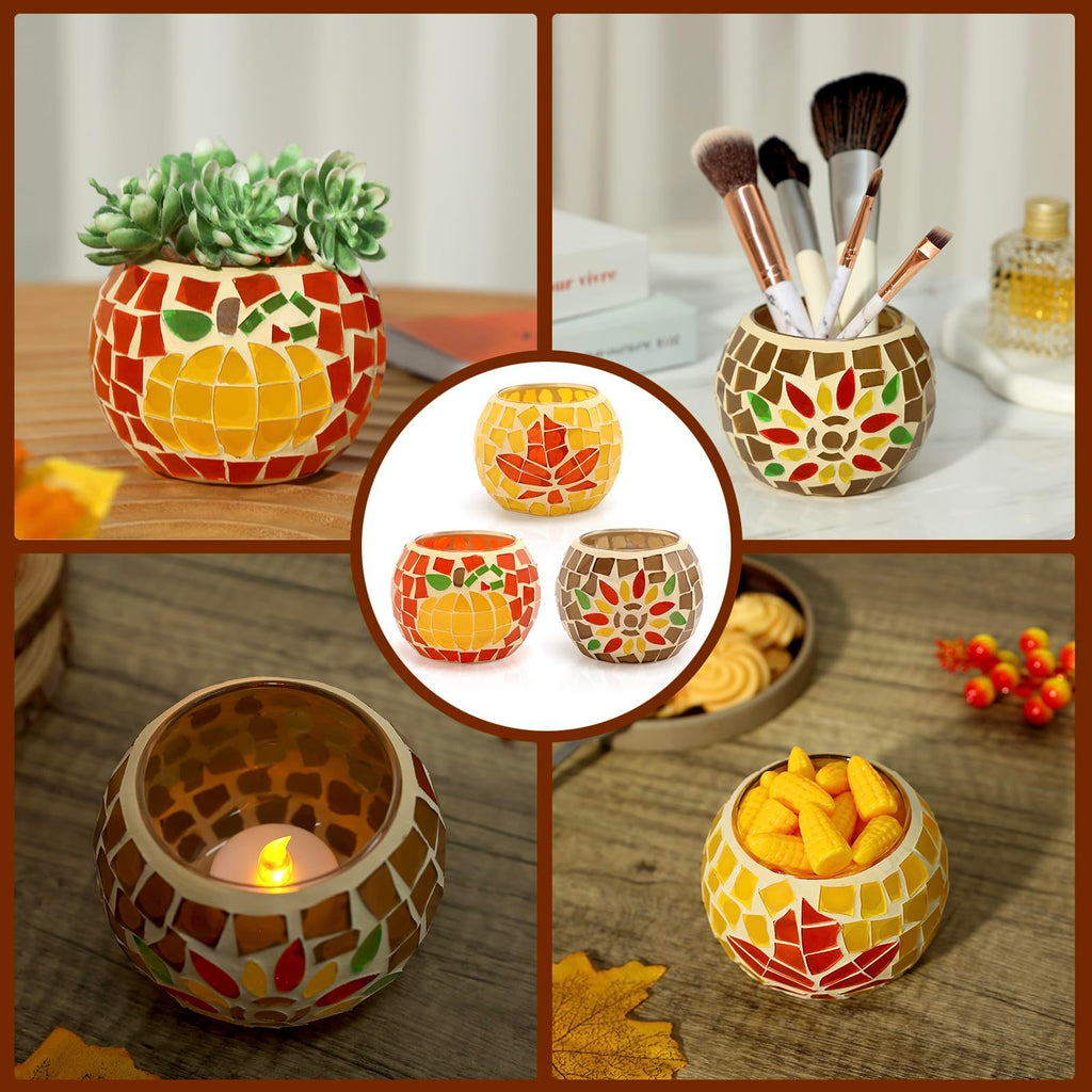 Fall Candle Holder Set of 3 Mosaic Maple Leave Sunflower Tealight Holder Pumpkin Glass Thanksgiving Votive Candle